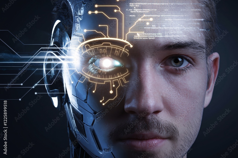 Fusion of Human and AI Technology. A striking image depicting a human ...
