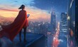 © jambulart - Caped figure on roof looks at glowing city.