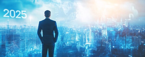 Poster - Businessman looking at the city skyline with 2025 vision concept