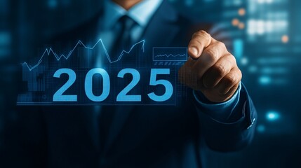 Poster - Businessman pointing at hologram of the year 2025 with growing finance chart