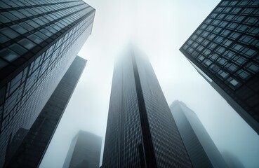 Poster - Foggy urban landscape in NYC city center. Skyscrapers with glass facades rise towards cloudy sky. Gray color scheme creates impression of foggy day. Perspective highlights modern architecture, urban
