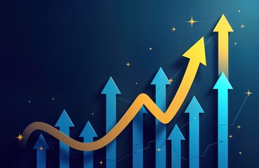 Aufkleber - Abstract illustration shows upward growth trend. Yellow arrows curve up among blue arrows on dark blue background. Business success concept. Graphic design visualizes progress, advancement. Modern
