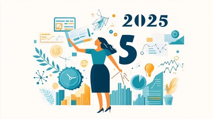 Aufkleber - Businesswoman analyzing data for 2025, surrounded by charts, graphs, and business concepts