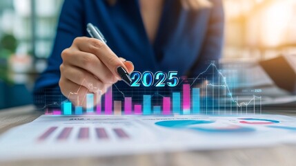 Poster - Businesswoman analyzing business growth graph for year 2025 using digital pen