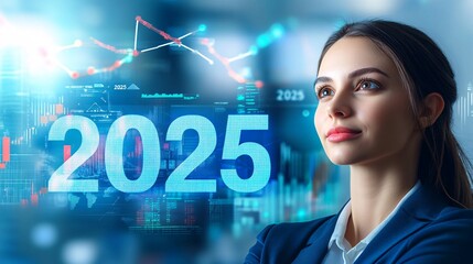 Poster - Businesswoman planning future business goals for 2025 with financial charts