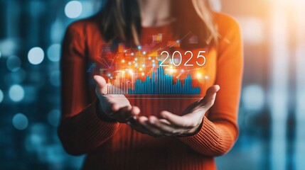 Poster - Businesswoman holding hologram of financial chart showing growth in 2025
