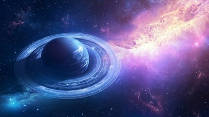 Canvas Print - celestial wonder a stunning view of a planet with rings in a vibrant nebula cosmic landscape