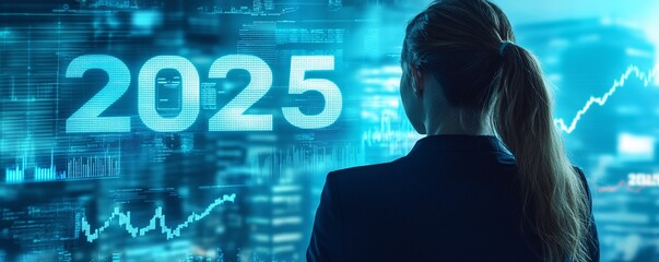 Poster - Businesswoman analyzing business data for year 2025 on digital interface