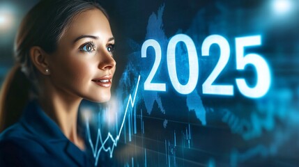 Poster - Businesswoman smiling and looking at hologram of 2025 with growing charts