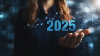 Aufkleber - Businesswoman presenting year 2025 with growing up arrow graph for business planning