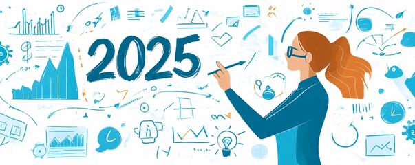 Aufkleber - Businesswoman planning for future success in 2025 with charts and graphs