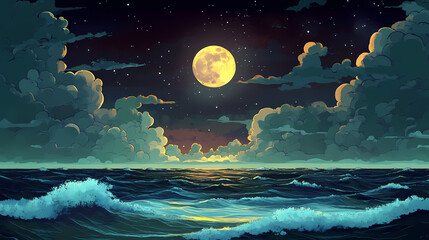 Poster - Serene night scene featuring luminous full moon illuminating ocean waves under dramatic sky filled with clouds. tranquil atmosphere evokes sense of calm and wonder. Luminous Shore. Illustration