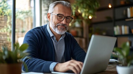 Poster - Confident businessman smiling while working on laptop in modern office