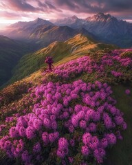 Wall Mural - Rhododendron flowers filled the mountain meadow in the summer, with the foreground aglow in purple sunrise light. A great subject for landscape photography