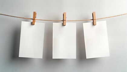 Poster - Blank white paper sheets hang from light brown rope with wooden clothespins. Minimalist presentation of empty paper sheets for design mockup. Versatile template for creative artwork. Ideal for