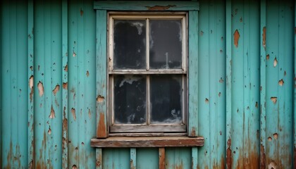 Aufkleber - Weathered teal building exterior features single window. Peeling paint, rustic wood frame show age, decay. Vintage structure. Grunge aesthetic. Urban abandoned setting. Old building element. Detailed