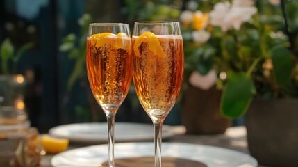 Two Glasses of Sparkling Aperol Spritz Cocktail Outdoors