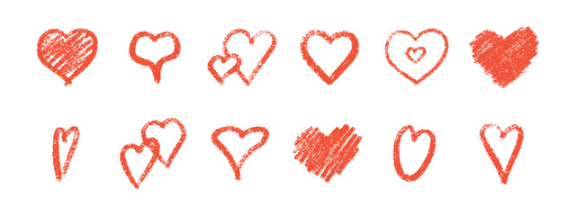 Poster - Heart collection of red crayon sketches - rough textured shapes with outlined, filled, nested patterns. Hand drawn romantic symbols in grunge style for Valentine day designs.