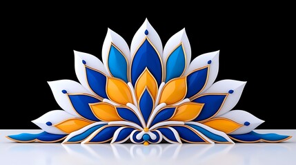 Abstract 3D rendering of a stylized floral design in blue, white, and orange, isolated on black background.