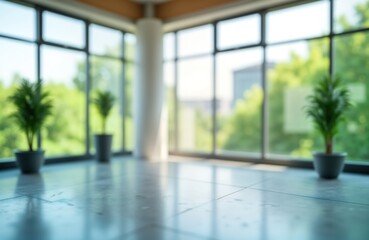 Aufkleber - Empty modern office space with large windows. Rich green trees visible outside. Sunny day. Eco friendly business setting. Modern design. Open area ideal for business presentations products. Bright,