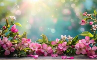 Canvas Print - A bare wooden table in a Sakura flower park, featuring a garden bokeh background with a rustic outdoor theme, serving as a template mock-up for product display