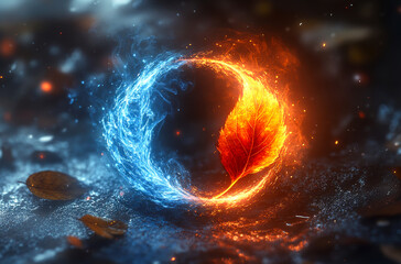 Poster - A leaf with two flames on either side of it. The flames are blue and red. The leaf is surrounded by water