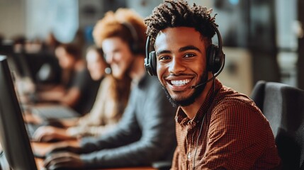 Aufkleber - Smiling customer service representative working in busy call center