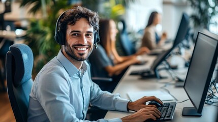Aufkleber - Smiling customer service agent working in a busy call center