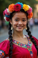 Happy latina girl in traditional mexican clothes dances. Colorful flower crown adorns head. Smiles brightly. Traditional mexican dress with embroidery. Hair braided in two long pigtails. Cultural