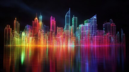 Poster - Colorful neon lights illuminating futuristic wireframe city skyline reflecting in water at night creating a vibrant and technologically advanced urban landscape