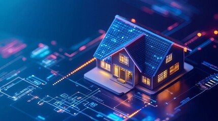 Poster - Miniature house resting on circuit board showing concept of smart home technology