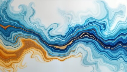Poster - Abstract art photo shows blue, gold liquid marble pattern. Watercolor style with flowing colors. Blue waves merge with gold streaks. Modern design with abstract texture. Mix of colors. Looks like
