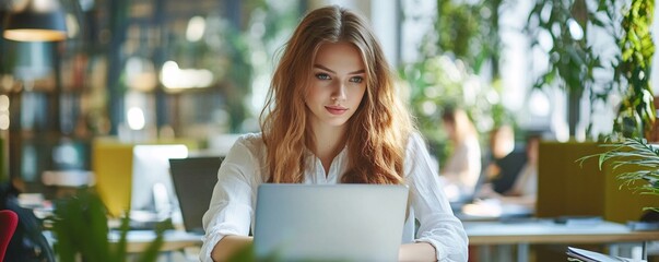 Aufkleber - Young professional woman working on laptop in modern green office