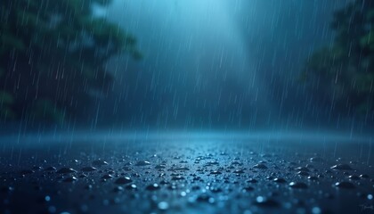 Poster - Heavy rain falls on a plain blue surface. Water droplets collect and shimmer. Night or evening atmosphere. Natural water pattern. Nature scene. Wet ground. Rainy day. Fresh feeling. Abstract design.