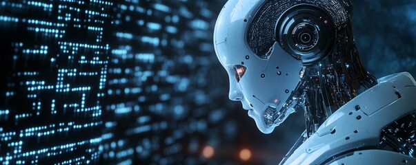 Poster - Sophisticated robot analyzing data from digital code on screen