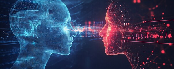 Poster - Artificial intelligence communication between two faces made of digital data