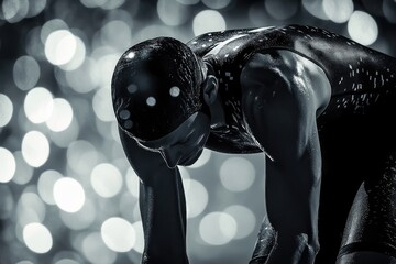 Wall Mural - A sweaty triathlete, head bowed, rests after intense exertion, illuminated by blurred background lights.