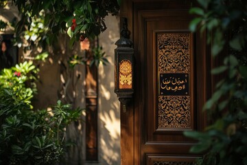 Poster - Ornate wooden door, lantern, foliage, Arabic script.