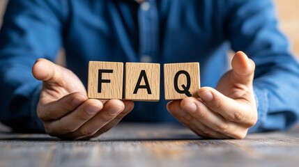 Poster - Businessman holding faq wooden cubes over table
