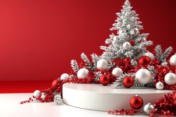 Poster - Festive decoration featuring a white Christmas tree amidst vibrant red and white ornaments in a modern setting