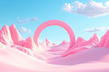Poster - Vibrant pink landscape features a large circular arch amidst soft hills and fluffy clouds under a bright blue sky