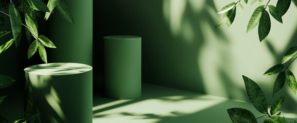 Poster - Minimalist green interior with leafy accents and cylindrical podiums, representing a natural concept for eco-friendly design, decor mockups, and sustainable inspiration