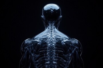 Poster - Transparent human figure showcasing intricate skeletal and muscular structures against a dark backdrop