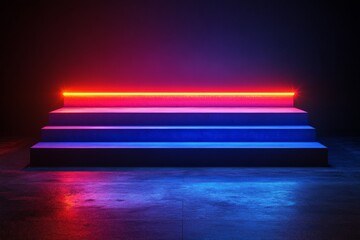 Poster - Brightly lit stage with colorful neon lights in a dark environment during an evening performance setup