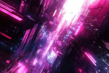Aufkleber - Vibrant neon cityscape pulsating with color in a futuristic digital environment at night