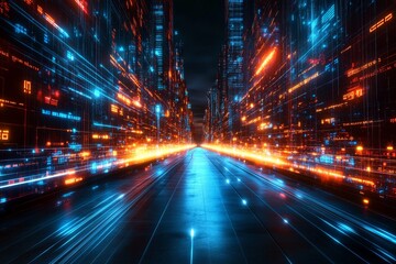 Poster - Dynamic digital cityscape at night showcasing vibrant light trails and futuristic architecture
