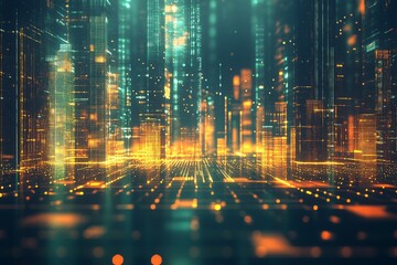 Aufkleber - Vibrant cityscape illuminated by digital lights in a futuristic landscape during nighttime