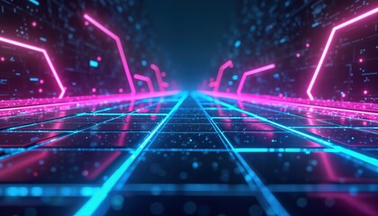 Poster - Futuristic tech path glows with vibrant neon blue, pink lines. Abstract grid pattern creates perspective effect. Digital cyberspace background design. Virtual reality concept. Modern illustration for
