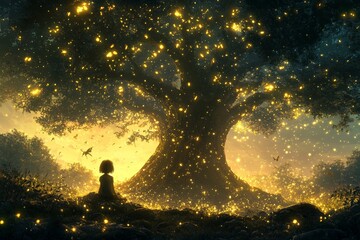 Poster - Child sits by glowing tree at sunset surrounded by magical lights and whimsical creatures