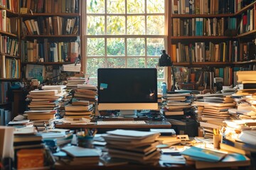 Poster - Cluttered workspace filled with books and papers in a cozy library environment during daylight